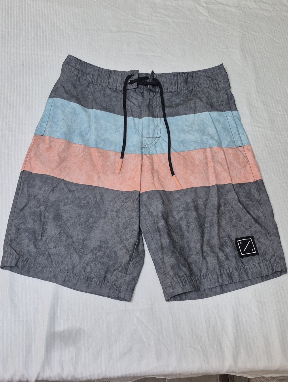 American Eagle Outfitters Gray Swim Shorts with Blue and Coral Stripes
